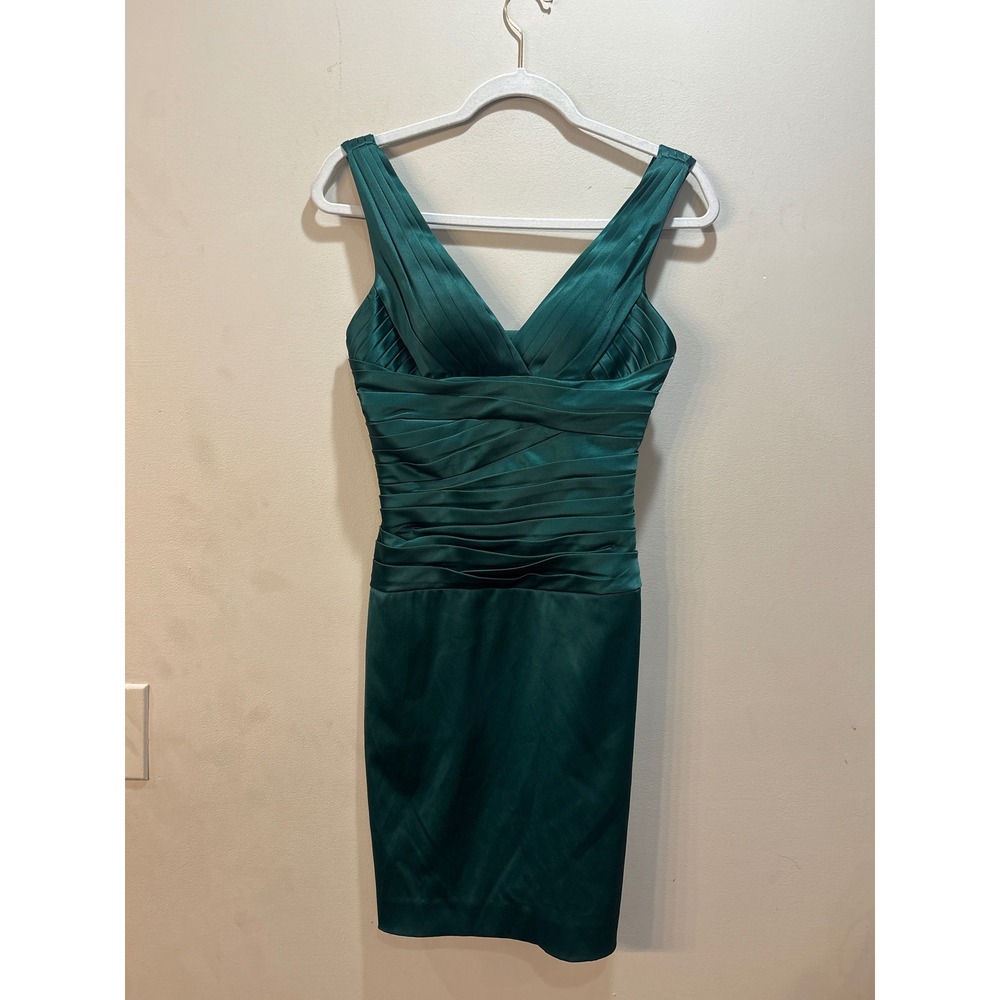 Y2K Cache Emerald Green Ruched Satin V-Neck Bodycon Cocktail Dress Size 0